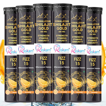 Raskam Shilajit Gold Effervescent Tablets | Ayurvedic Himalayan Shilajit Original Effervescent Tablets For Men | Helps In Boosting Strength, Stamina & Power | Pure Shilajit Gold For Men | No Added Sugar | Orange Flavor | 15 Fizz Tablets (500mg)
