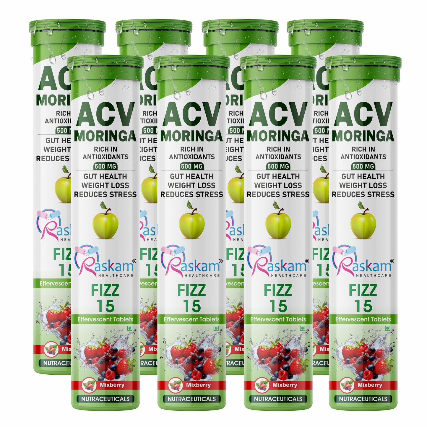 Raskam Apple Cider Vinegar (ACV) Moringa | Master Your Appetite & Boost Immunity | Natural Energy with Antioxidants | No Added Sugar | Mixberry Flavor | 15 Fizz Tablets (500mg)