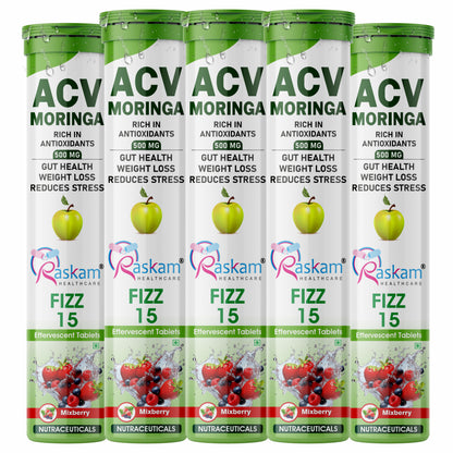 Raskam Apple Cider Vinegar (ACV) Moringa | Master Your Appetite & Boost Immunity | Natural Energy with Antioxidants | No Added Sugar | Mixberry Flavor | 15 Fizz Tablets (500mg)