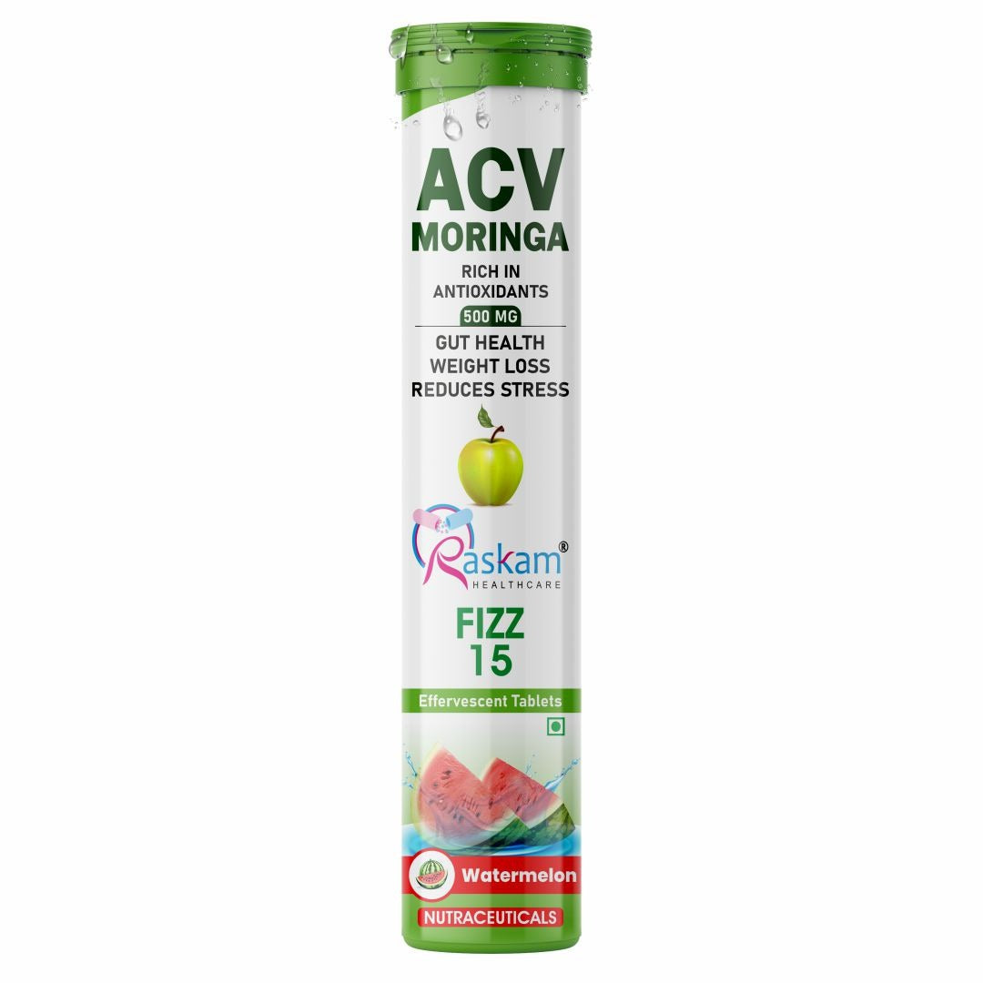 Raskam Apple Cider Vinegar (ACV) Moringa | Master Your Appetite & Boost Immunity | Natural Energy with Antioxidants | No Added Sugar |  Watermelon Flavor | 15 Fizz Tablets (500mg)