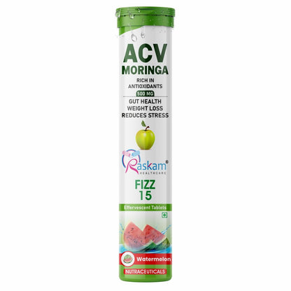 Raskam Apple Cider Vinegar (ACV) Moringa | Master Your Appetite & Boost Immunity | Natural Energy with Antioxidants | No Added Sugar |  Watermelon Flavor | 15 Fizz Tablets (500mg)