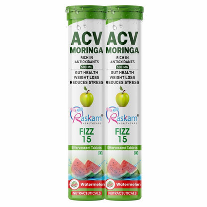 Raskam Apple Cider Vinegar (ACV) Moringa | Master Your Appetite & Boost Immunity | Natural Energy with Antioxidants | No Added Sugar |  Watermelon Flavor | 15 Fizz Tablets (500mg)