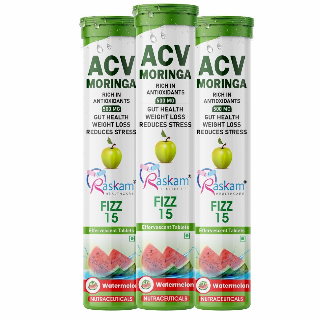 Raskam Apple Cider Vinegar (ACV) Moringa | Master Your Appetite & Boost Immunity | Natural Energy with Antioxidants | No Added Sugar |  Watermelon Flavor | 15 Fizz Tablets (500mg)