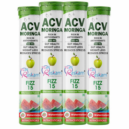 Raskam Apple Cider Vinegar (ACV) Moringa | Master Your Appetite & Boost Immunity | Natural Energy with Antioxidants | No Added Sugar |  Watermelon Flavor | 15 Fizz Tablets (500mg)