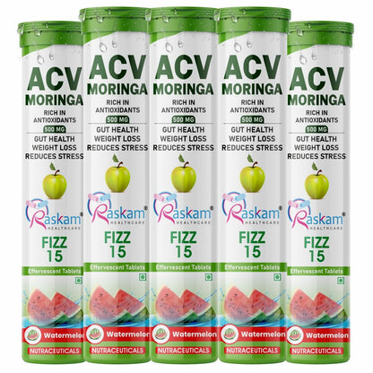 Raskam Apple Cider Vinegar (ACV) Moringa | Master Your Appetite & Boost Immunity | Natural Energy with Antioxidants | No Added Sugar |  Watermelon Flavor | 15 Fizz Tablets (500mg)