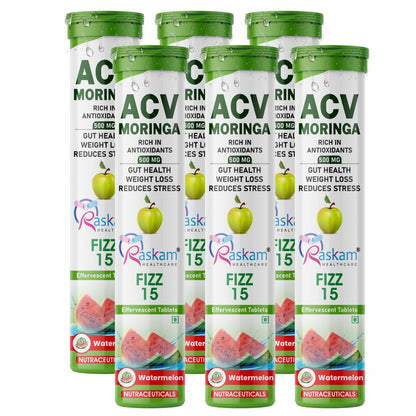 Raskam Apple Cider Vinegar (ACV) Moringa | Master Your Appetite & Boost Immunity | Natural Energy with Antioxidants | No Added Sugar |  Watermelon Flavor | 15 Fizz Tablets (500mg)