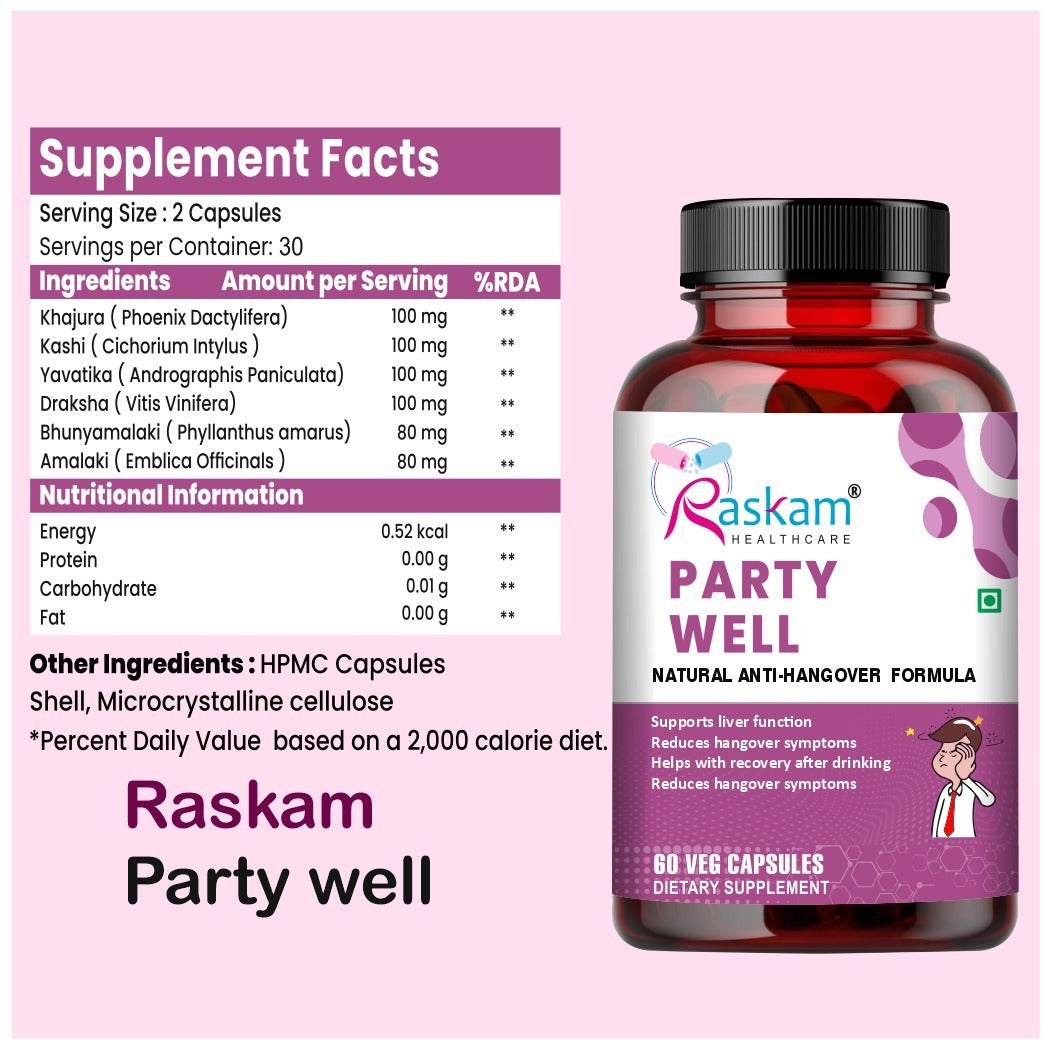 Raskam Party Well 60 Capsules- Anti Hangover Formula