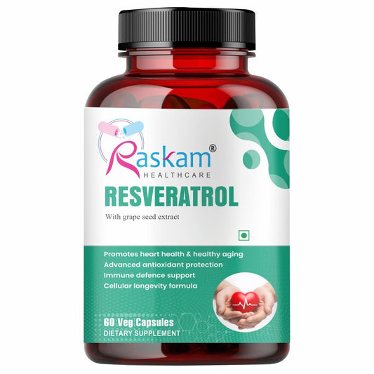 Raskam Resveratrol supplement with grape seed extract | capsules with highly bioavailable | antioxidant support for healthy aging | heart, immune & skin support | 60 veg capsules