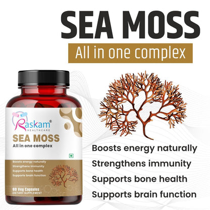 Raskam Sea Moss  | 150MG | 60 Capsules - Organic Irish Sea Moss Powder | Bio available Minerals for Thyroid , Skin and Joint Support