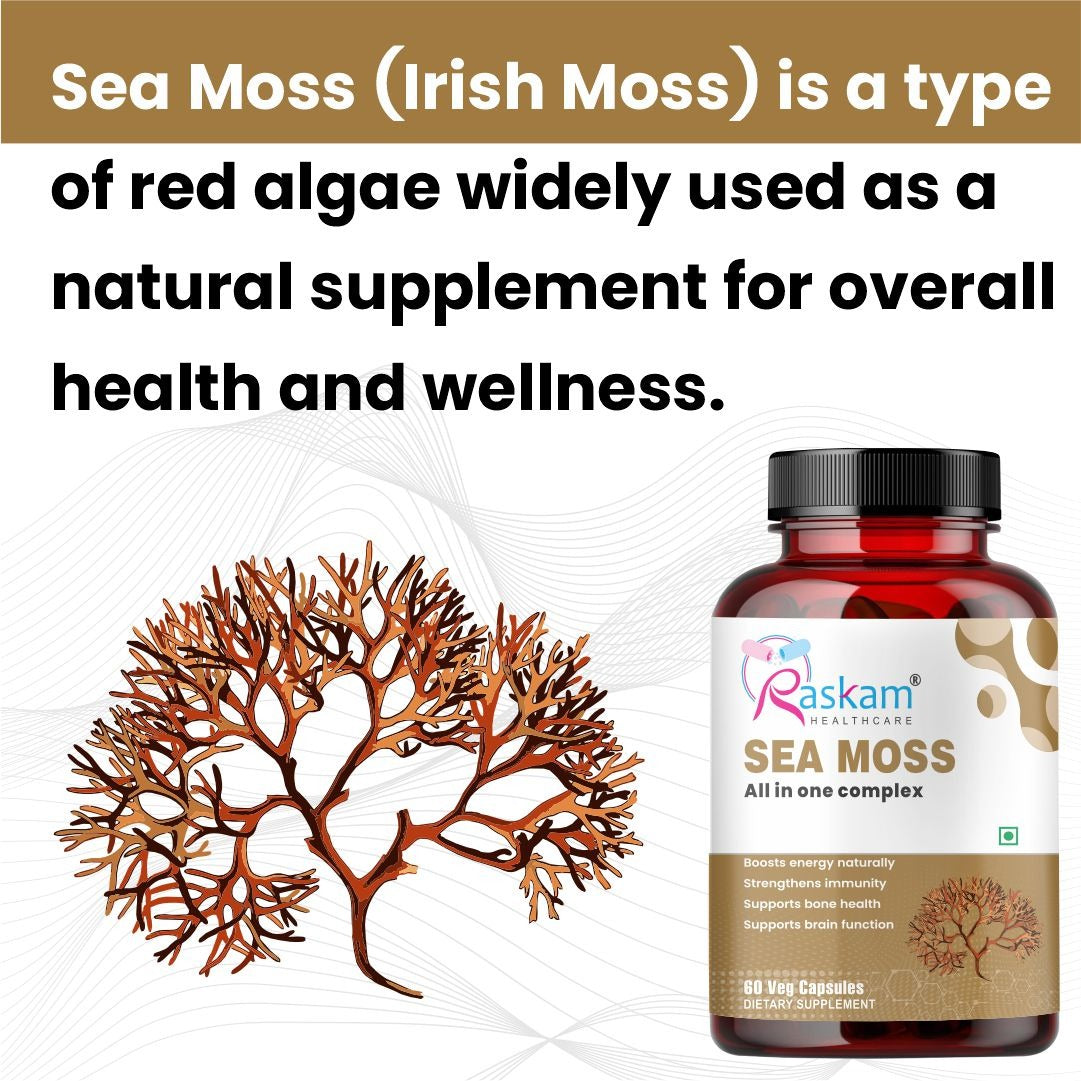 Raskam Sea Moss  | 150MG | 60 Capsules - Organic Irish Sea Moss Powder | Bio available Minerals for Thyroid , Skin and Joint Support