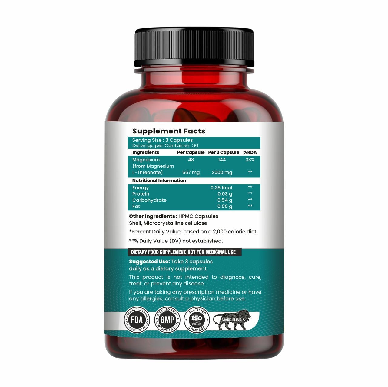 Magnesium L-Threonate Capsules for Brain Health, Memory & Focus Support | Improves Sleep Quality | 90 Veg Capsules