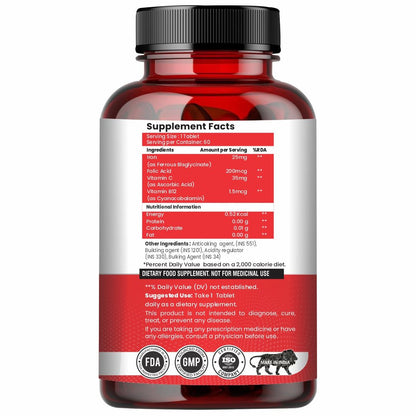 Raskam Iron Supplement with Folic Acid, Vitamin C & Vitamin B12, 60 tablets, Dietary Supplement