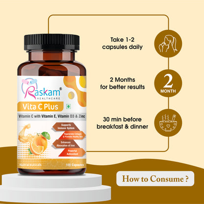 Raskam Vita C Plus - 100 Capsules - Antioxidant & Immune Support - Overall Health - Skin Anti-Ageing -Supports Healthy Skin & Joints