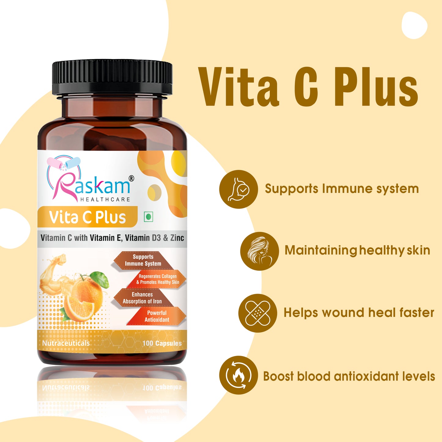 Raskam Vita C Plus - 100 Capsules - Antioxidant & Immune Support - Overall Health - Skin Anti-Ageing -Supports Healthy Skin & Joints