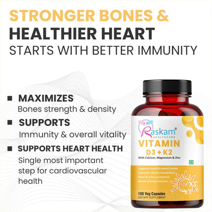 Raskam Vitamin D3 with K2- 100 capsules- Supports Stronger Immunity & Bone & Heart Health | Healthy Heart For Men And Women