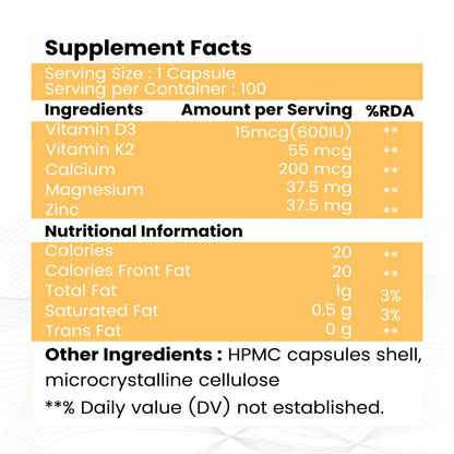 Raskam Vitamin D3 with K2- 100 capsules- Supports Stronger Immunity & Bone & Heart Health | Healthy Heart For Men And Women
