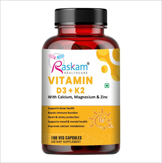 Raskam Vitamin D3 with K2- 100 capsules- Supports Stronger Immunity & Bone & Heart Health | Healthy Heart For Men And Women