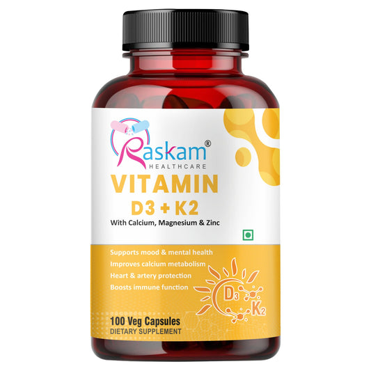 Raskam Vitamin D3 with K2- 100 capsules- Supports Stronger Immunity & Bone & Heart Health | Healthy Heart For Men And Women