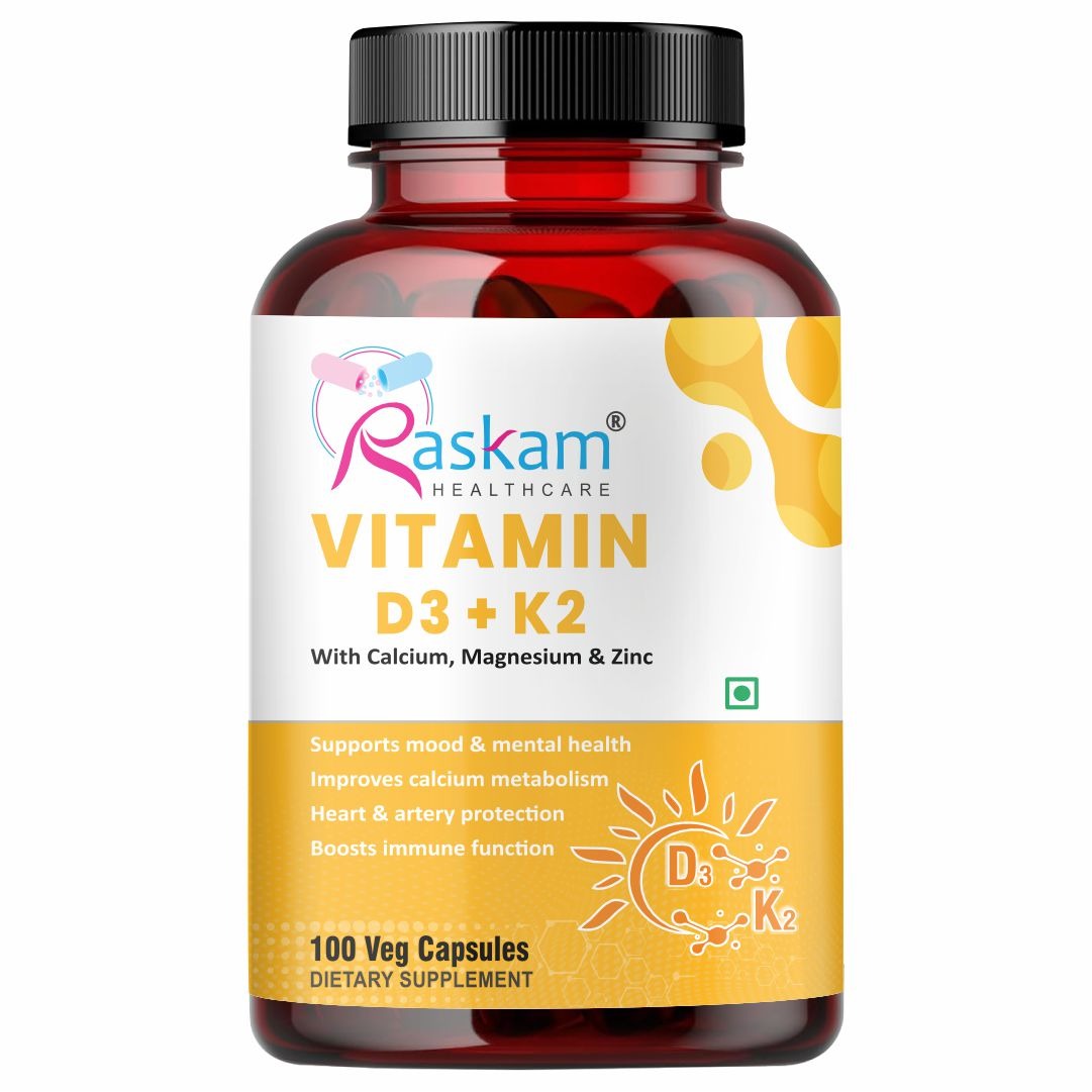 Raskam Vitamin D3 with K2- 100 capsules- Supports Stronger Immunity & Bone & Heart Health | Healthy Heart For Men And Women