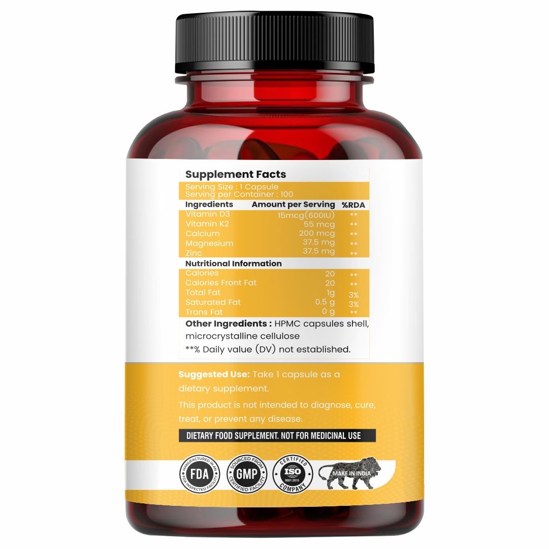 Raskam Vitamin D3 with K2- 100 capsules- Supports Stronger Immunity & Bone & Heart Health | Healthy Heart For Men And Women