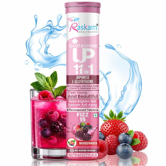 Raskam Glutashine Up 11 In 1 |Japanese L-Glutathione With Collagen | Aloe vera| Biotin | Vitamin-C | Hyaluronic Acid For Skin Glow & Hydration | 15 Fizz Tablets | In Mix Berry Flavor