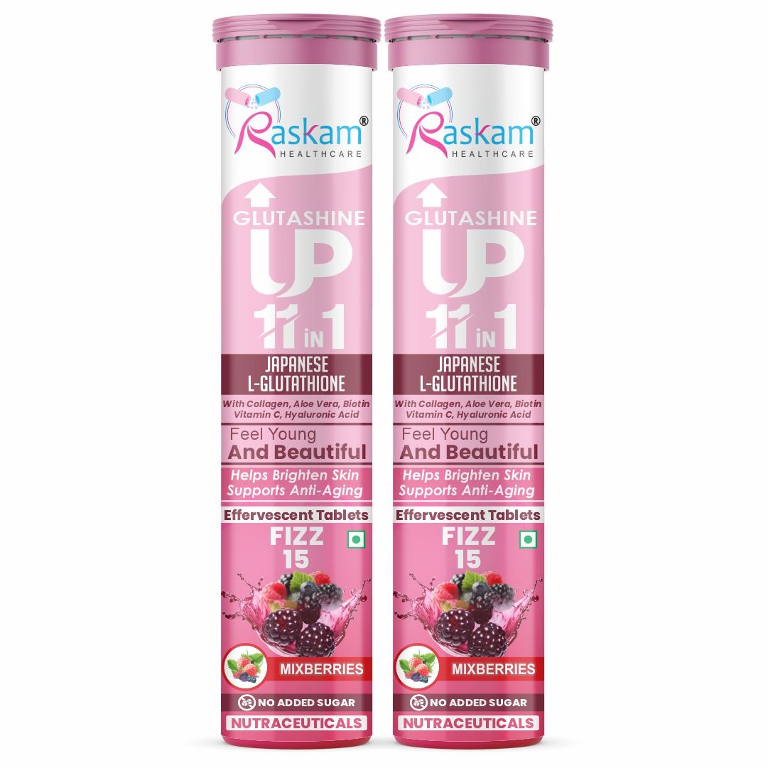 Raskam Glutashine Up 11 In 1 |Japanese L-Glutathione With Collagen | Aloe vera| Biotin | Vitamin-C | Hyaluronic Acid For Skin Glow & Hydration | 15 Fizz Tablets | In Mix Berry Flavor