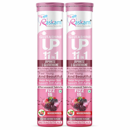 Raskam Glutashine Up 11 In 1 |Japanese L-Glutathione With Collagen | Aloe vera| Biotin | Vitamin-C | Hyaluronic Acid For Skin Glow & Hydration | 15 Fizz Tablets | In Mix Berry Flavor