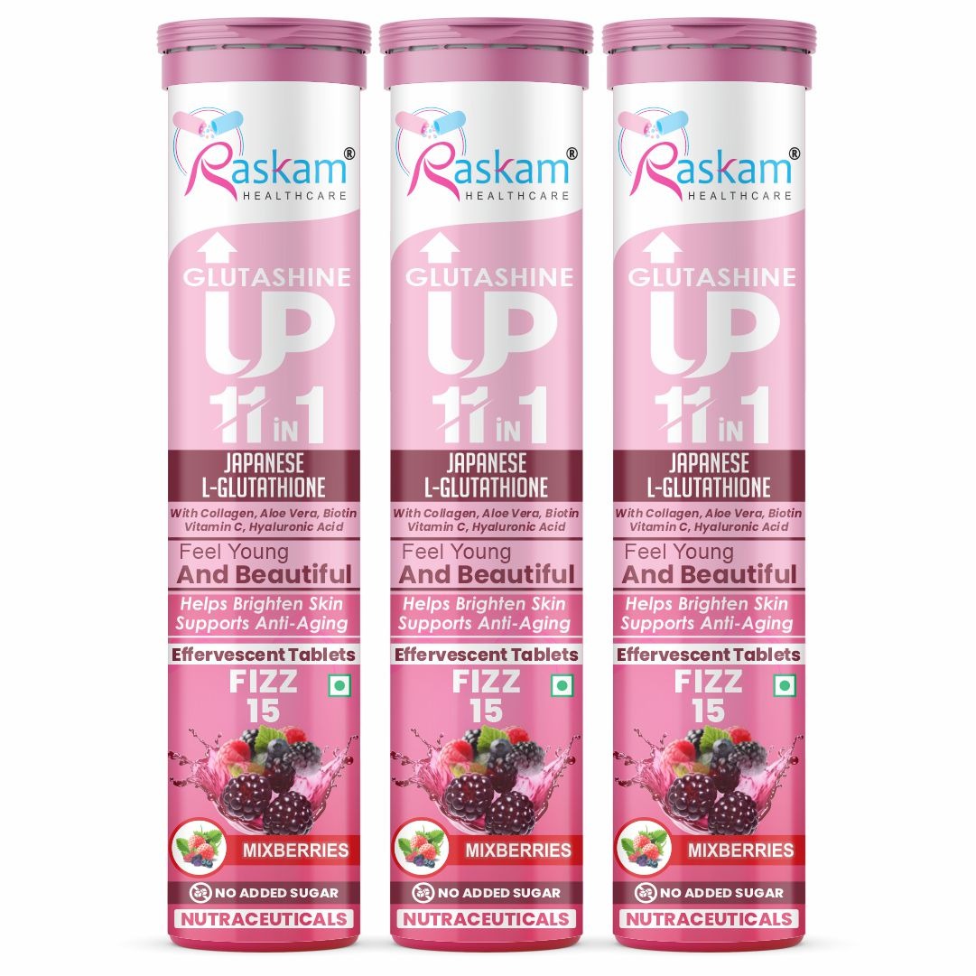 Raskam Glutashine Up 11 In 1 |Japanese L-Glutathione With Collagen | Aloe vera| Biotin | Vitamin-C | Hyaluronic Acid For Skin Glow & Hydration | 15 Fizz Tablets | In Mix Berry Flavor