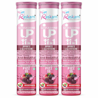 Raskam Glutashine Up 11 In 1 |Japanese L-Glutathione With Collagen | Aloe vera| Biotin | Vitamin-C | Hyaluronic Acid For Skin Glow & Hydration | 15 Fizz Tablets | In Mix Berry Flavor