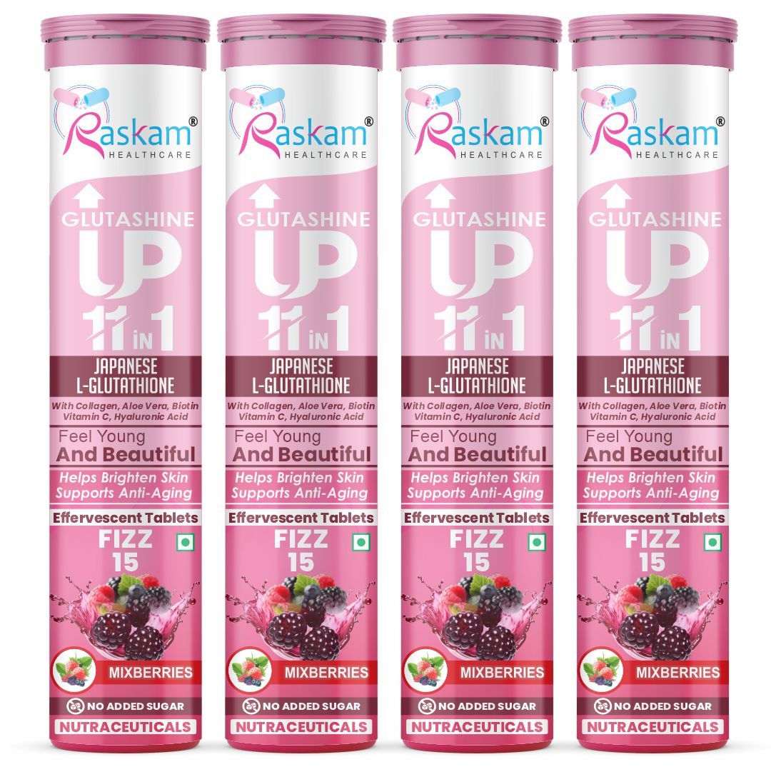 Raskam Glutashine Up 11 In 1 |Japanese L-Glutathione With Collagen | Aloe vera| Biotin | Vitamin-C | Hyaluronic Acid For Skin Glow & Hydration | 15 Fizz Tablets | In Mix Berry Flavor
