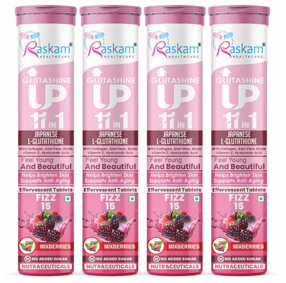 Raskam Glutashine Up 11 In 1 |Japanese L-Glutathione With Collagen | Aloe vera| Biotin | Vitamin-C | Hyaluronic Acid For Skin Glow & Hydration | 15 Fizz Tablets | In Mix Berry Flavor
