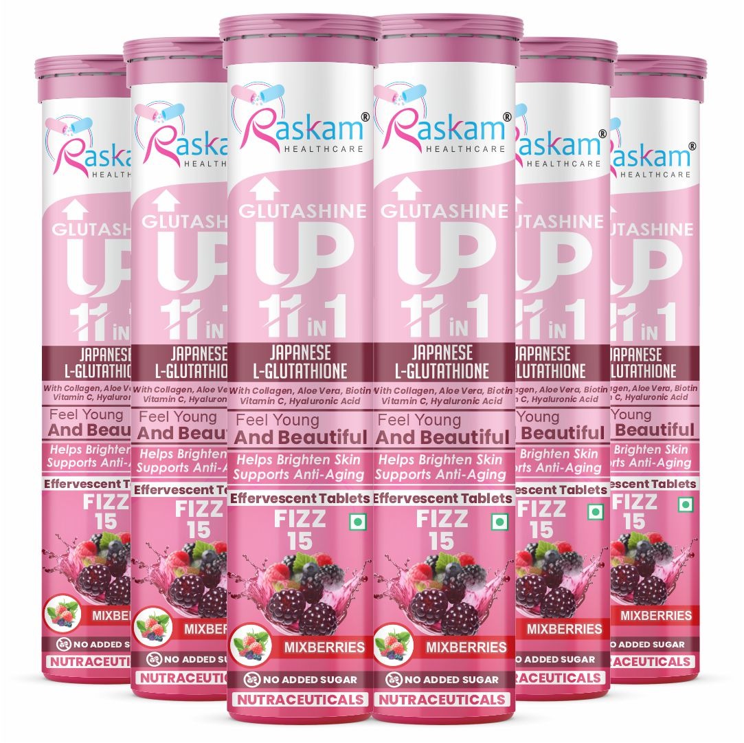 Raskam Glutashine Up 11 In 1 |Japanese L-Glutathione With Collagen | Aloe vera| Biotin | Vitamin-C | Hyaluronic Acid For Skin Glow & Hydration | 15 Fizz Tablets | In Mix Berry Flavor