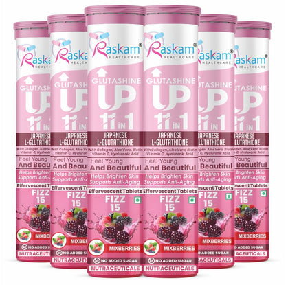 Raskam Glutashine Up 11 In 1 |Japanese L-Glutathione With Collagen | Aloe vera| Biotin | Vitamin-C | Hyaluronic Acid For Skin Glow & Hydration | 15 Fizz Tablets | In Mix Berry Flavor