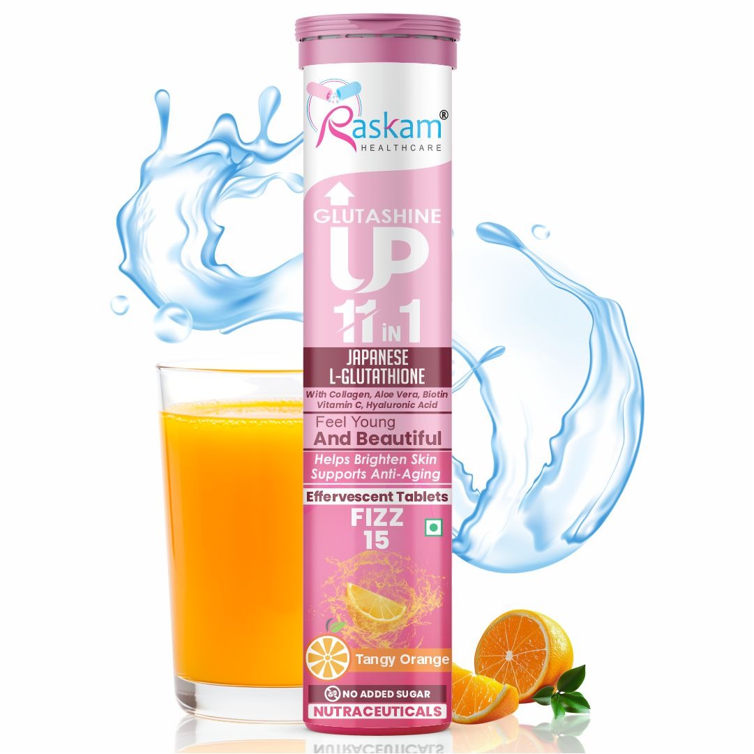 Raskam Glutashine Up 11 In 1 |Japanese L-Glutathione With Collagen | Aloe vera| Biotin | Vitamin-C | Hyaluronic Acid For Skin Glow & Hydration | 15 Fizz Tablets | In Orange  Flavor