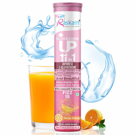 Raskam Glutashine Up 11 In 1 |Japanese L-Glutathione With Collagen | Aloe vera| Biotin | Vitamin-C | Hyaluronic Acid For Skin Glow & Hydration | 15 Fizz Tablets | In Orange  Flavor