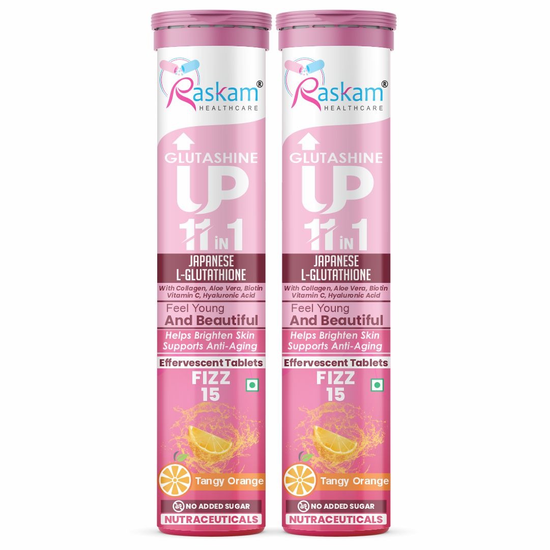 Raskam Glutashine Up 11 In 1 |Japanese L-Glutathione With Collagen | Aloe vera| Biotin | Vitamin-C | Hyaluronic Acid For Skin Glow & Hydration | 15 Fizz Tablets | In Orange  Flavor