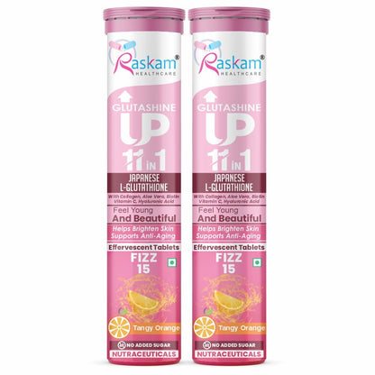 Raskam Glutashine Up 11 In 1 |Japanese L-Glutathione With Collagen | Aloe vera| Biotin | Vitamin-C | Hyaluronic Acid For Skin Glow & Hydration | 15 Fizz Tablets | In Orange  Flavor