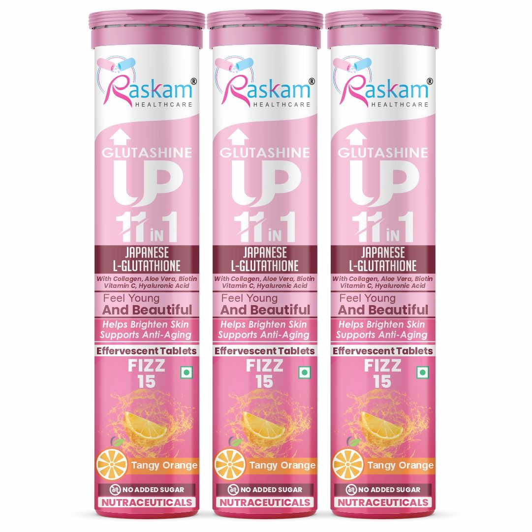Raskam Glutashine Up 11 In 1 |Japanese L-Glutathione With Collagen | Aloe vera| Biotin | Vitamin-C | Hyaluronic Acid For Skin Glow & Hydration | 15 Fizz Tablets | In Orange  Flavor