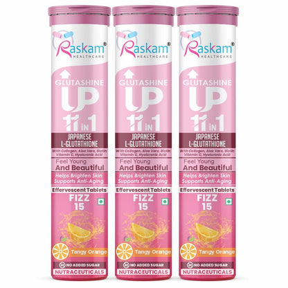 Raskam Glutashine Up 11 In 1 |Japanese L-Glutathione With Collagen | Aloe vera| Biotin | Vitamin-C | Hyaluronic Acid For Skin Glow & Hydration | 15 Fizz Tablets | In Orange  Flavor