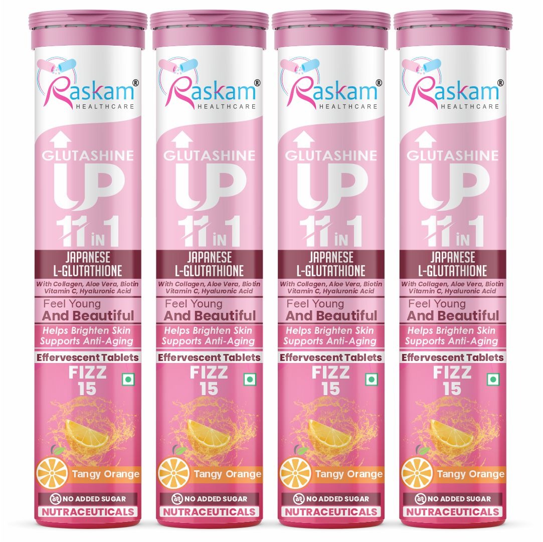 Raskam Glutashine Up 11 In 1 |Japanese L-Glutathione With Collagen | Aloe vera| Biotin | Vitamin-C | Hyaluronic Acid For Skin Glow & Hydration | 15 Fizz Tablets | In Orange  Flavor