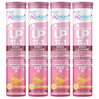 Raskam Glutashine Up 11 In 1 |Japanese L-Glutathione With Collagen | Aloe vera| Biotin | Vitamin-C | Hyaluronic Acid For Skin Glow & Hydration | 15 Fizz Tablets | In Orange  Flavor