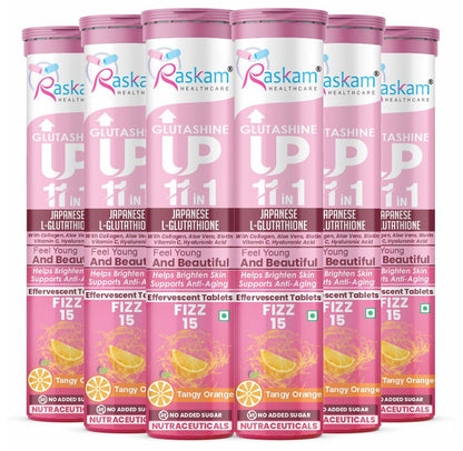 Raskam Glutashine Up 11 In 1 |Japanese L-Glutathione With Collagen | Aloe vera| Biotin | Vitamin-C | Hyaluronic Acid For Skin Glow & Hydration | 15 Fizz Tablets | In Orange  Flavor