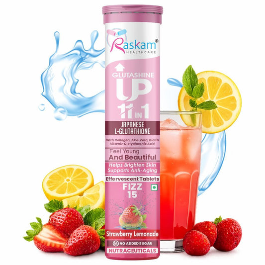 Raskam Glutashine Up 11 In 1 |Japanese L-Glutathione With Collagen | Aloe vera| Biotin | Vitamin-C | Hyaluronic Acid For Skin Glow & Hydration | 15 Fizz Tablets | In Strawberry Lemonade Flavor