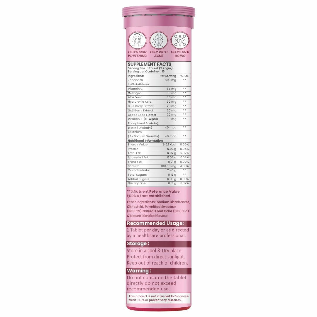 Raskam Glutashine Up 11 In 1 |Japanese L-Glutathione With Collagen | Aloe vera| Biotin | Vitamin-C | Hyaluronic Acid For Skin Glow & Hydration | 15 Fizz Tablets | In Strawberry Lemonade Flavor