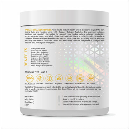 Raskam Advanced Collagen Peptides Powder for Men & Women | Collagen Powder with Biotin, Vitamins C & E for Hair, Nails, Skin Radiance & Anti-Aging Flav- Pineapple (265gm ,100gm)