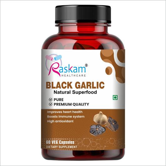 Raskam Natural Black Garlic Capsules Superfood Immunity Booster - Heart & Weight Management - Detox Antioxidant Supplement (60 Veg Capsules)