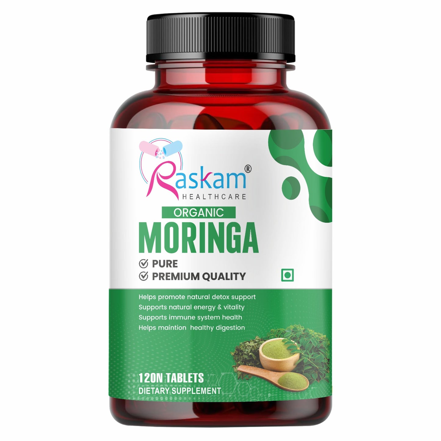 Raskam Organic Moringa Tablet with 1200mg moringa Leaves Extract | Moringa Powder Tablets for Immunity, Digestion & Energy | Moringa Leaves 120 Tablets