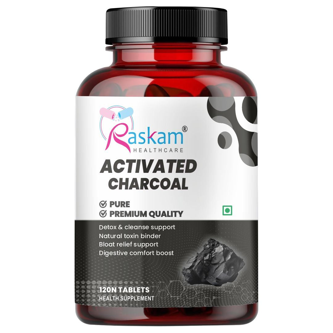 Raskam Activated Charcoal 600mg – natural detox & digestive cleanser | supports bloating relief & gas | 120 vegan tablets