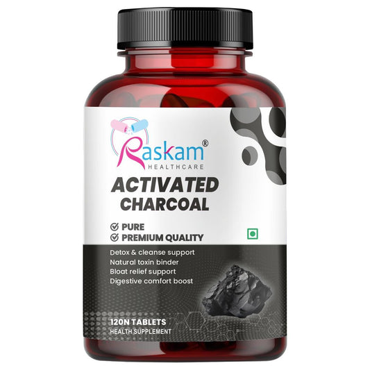 Raskam Activated Charcoal 600mg – natural detox & digestive cleanser | supports bloating relief & gas | 120 vegan tablets