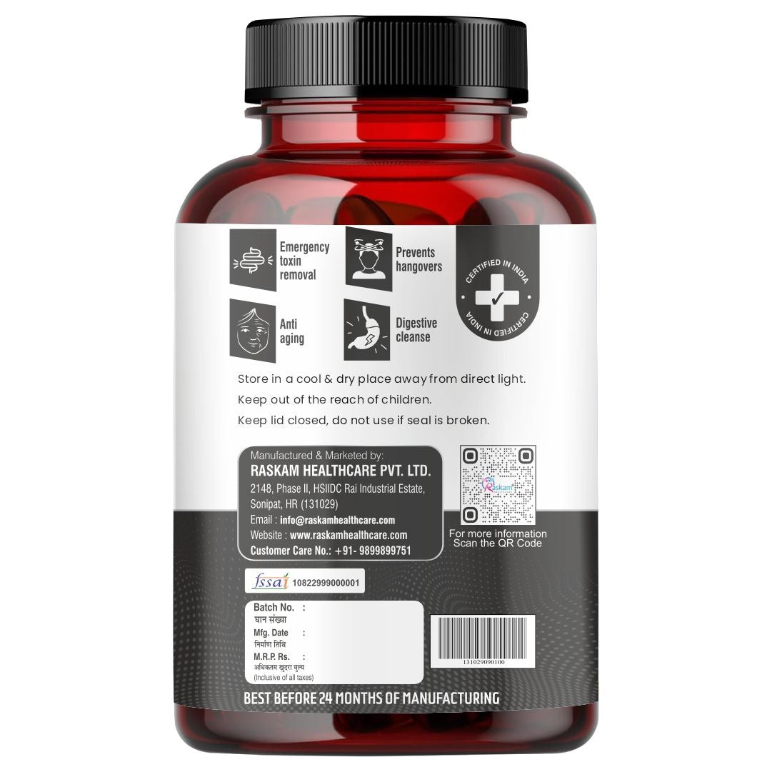 Raskam Activated Charcoal 600mg – natural detox & digestive cleanser | supports bloating relief & gas | 120 vegan tablets
